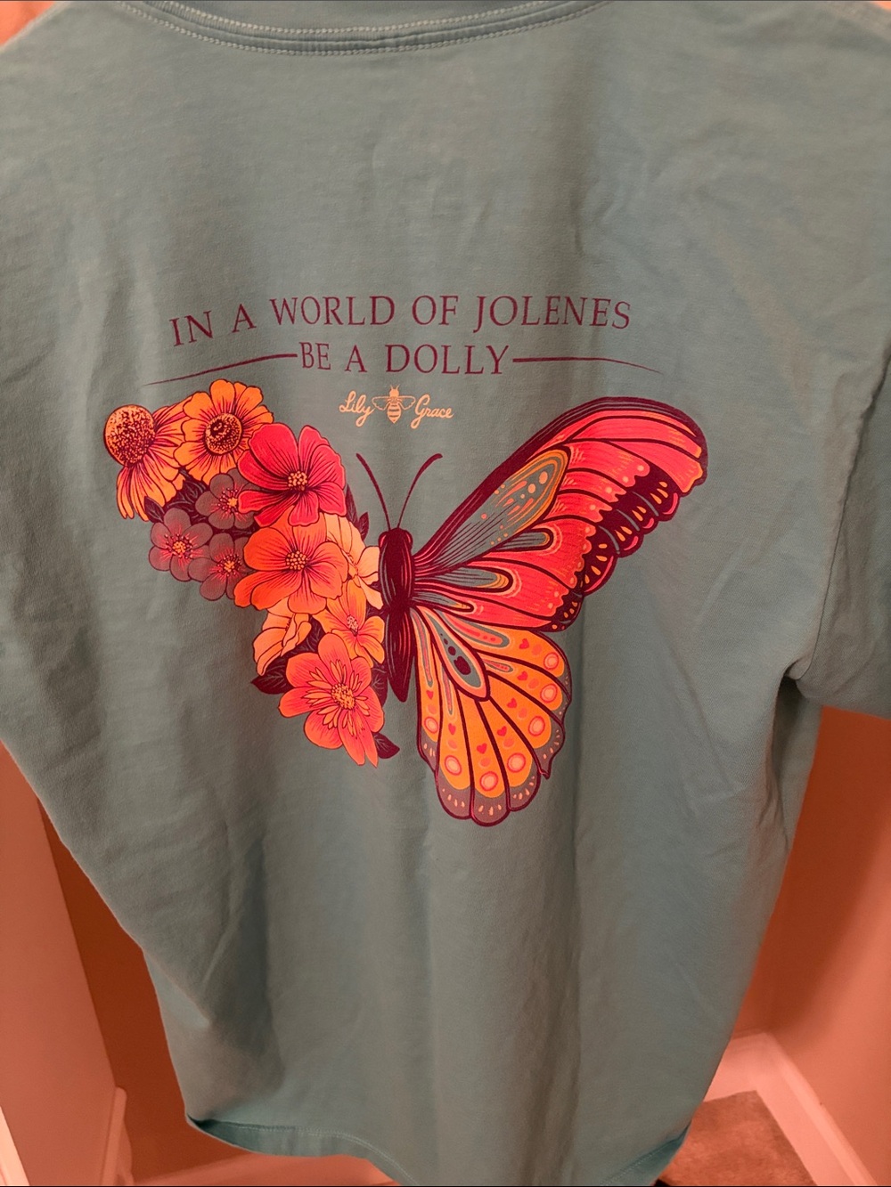 Lily Grace Teal Butterfly Graphic Tee - Blue/Orange